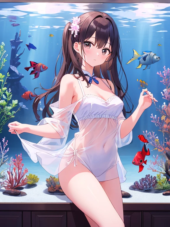 masterpiece, Highest quality, High Resolution, HS1,blush,smile,NSFW、Aquarium、Straw hat、Cute white dress,