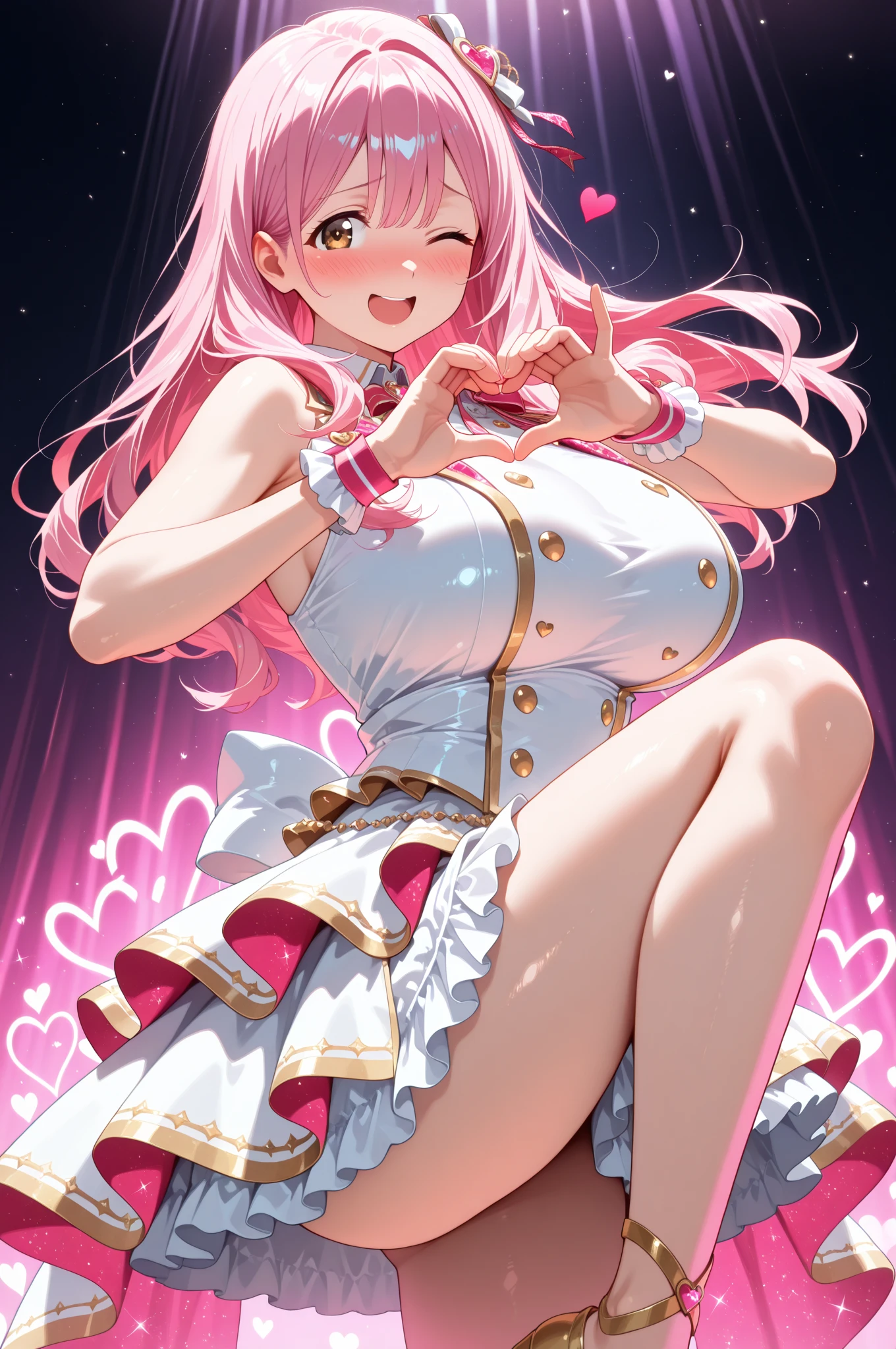 Happy young girl, with wolf ears and pink hair, holding her cheeks, wolf tail, wearing a latex dress, looking at veiwer, full body, you can see her chest, naked breasts