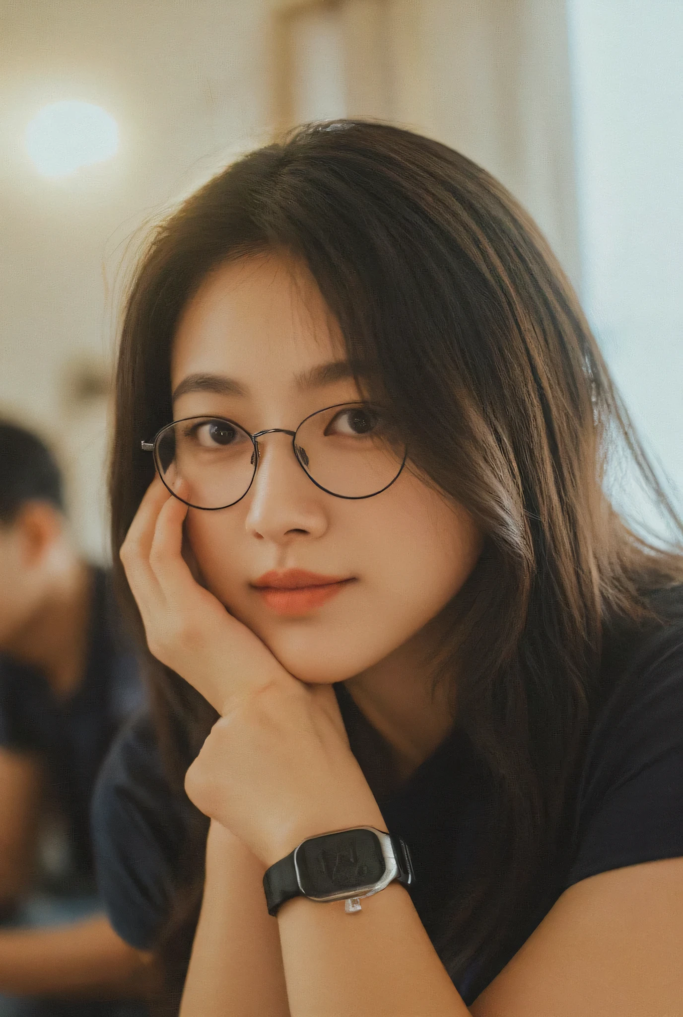 1girl , indonesian girl , 25 years old Indonesian girl, selfie , resting chin with one hand , chinese , brown hair , long hair , big round glasses, casual t-shirt, smart watch, smile , blinking eyes , realistic, sun flare , taking from iphone camera,