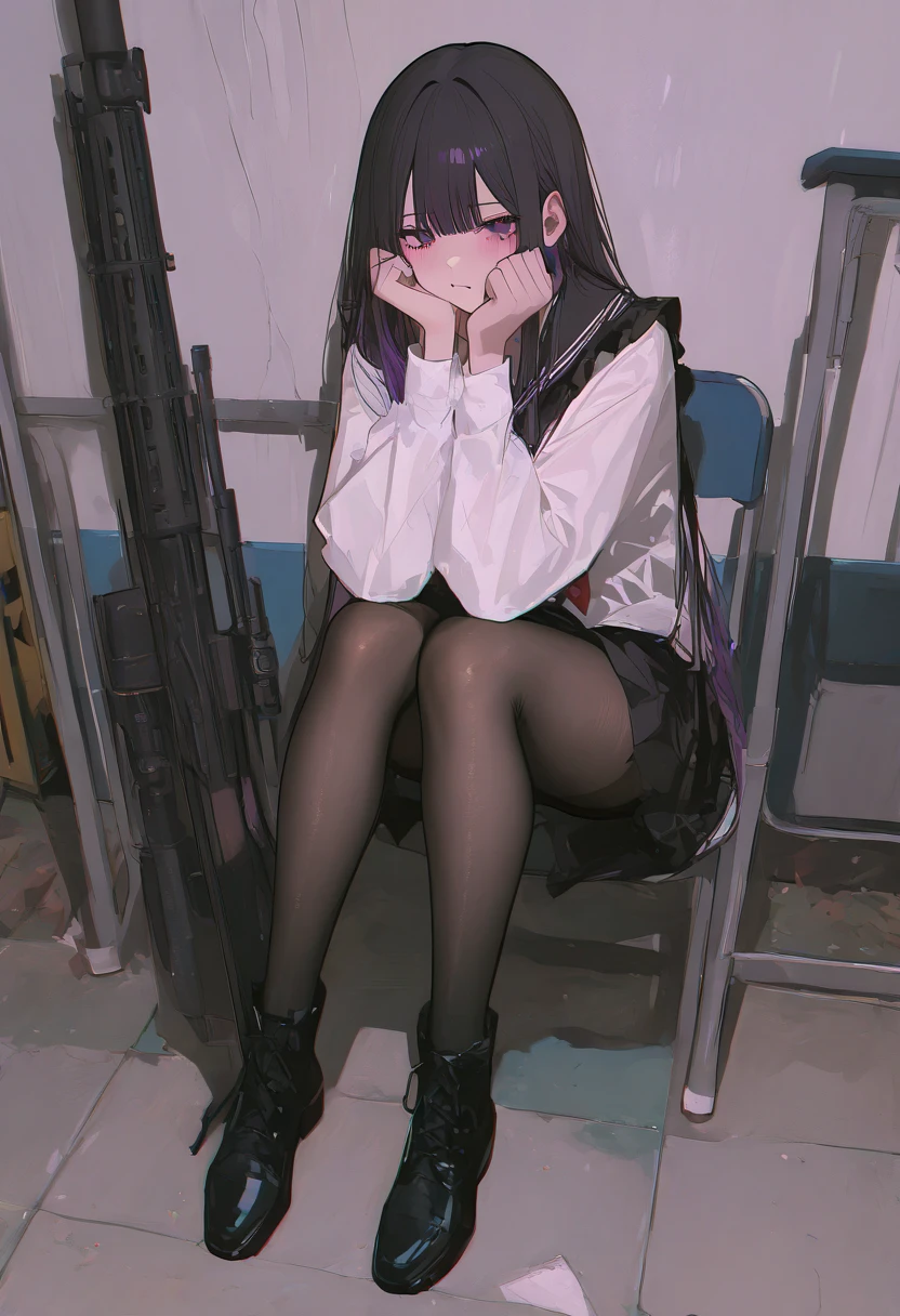 masterpiece, top quality, 4k wallpaper, 1girl, very beautiful girl, gray and purple eyes, black hair, hair between eyes, sidelocks, shiny hair, beautiful detailed cold face, ears ring, school uniform, bare legs, day city
