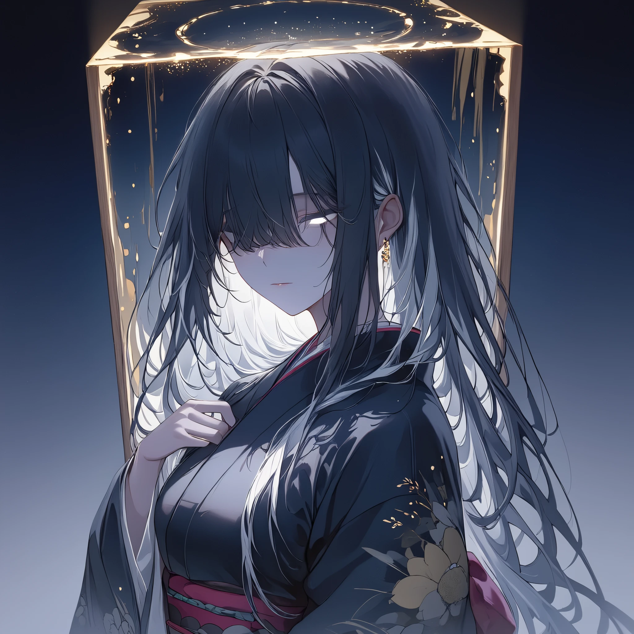 8K, RAW Photos Box, better quality, masterpiece: 1.4, Ultra-high resolution, extremely detailed, soft lighting, ((1girl)), black hair, white inner dye hair, long hair, covered eyes, glowing, kimono,