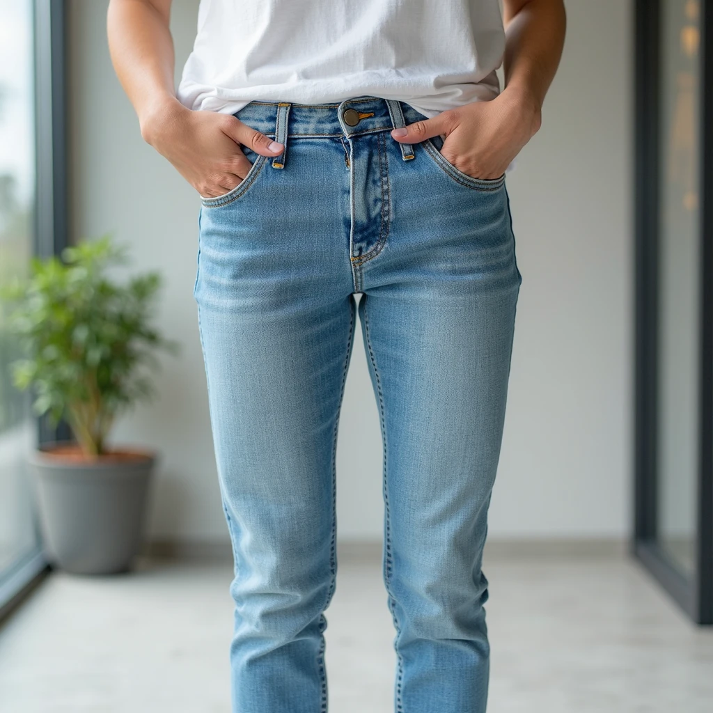 , 10 years old, with curly red hair, and prinkles, smiling, wear in jeans blue jacket, bare feet, Different poses and expressions. Whole posture. Mirror natural reflection scene, Nikon D6 24-70mm f/2.8