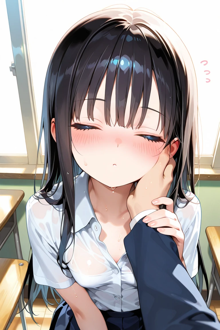 Beautiful girl at 13 years old,Japanese,,,Small and slim,Flat Chest,Small breasts,Baby Face,Small face,Black Hair,Twin tails,Grey Eyes,middle School girls,uniform,Summer clothes,open mouth,tongue out,Blindfold,Kneeling and sitting,Tie hands behind back,Beautiful and detailed anime art,A mischievous smile,high angle, looking at viewer, looking ahead, from above,cowboy shot,Sexy vibe,cum on tongue,On the bed,