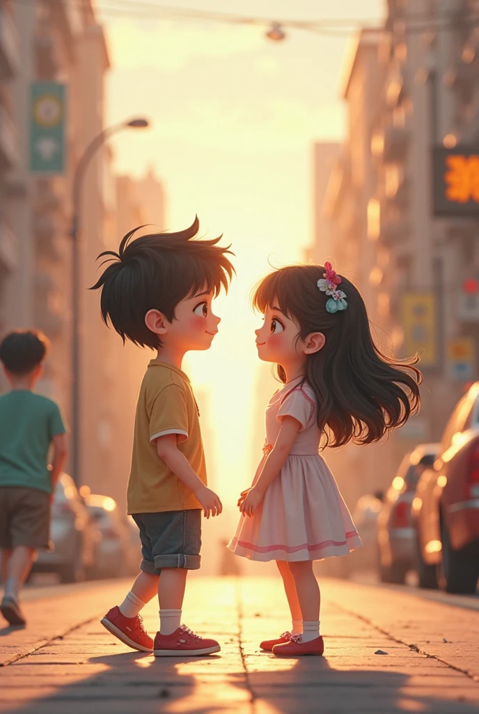 A boy and a girl stand side by side, holding the railing of a shopping mall. Their shoulders touch. And sees everyone there in shopping mall