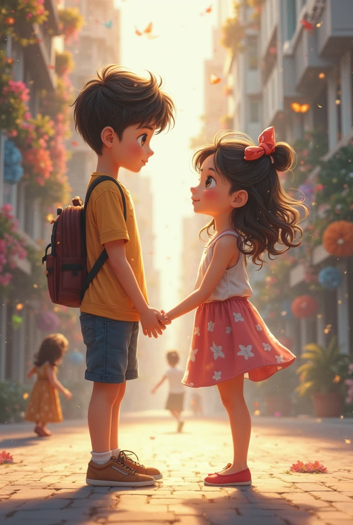 Create an image with Three people. 
It will be a boy and a girl going in one direction, both blond. 
And the third person is a girl with brown hair who is coming in the opposite direction to the couple and she and the boy will be looking at each other romantically..

The boy is holding hands with the blonde girl.
The scene is a square at dusk, with letters scattered on the floor.
