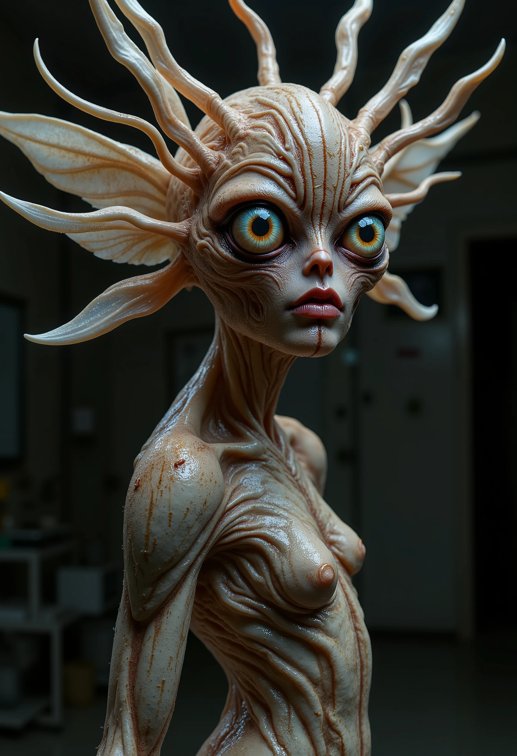 one girl, elf ears, , pure, cute naked, topless, a Woman alien mix, human Body, big tits, shed skin, alien nose but the Rest of the face ist human, big eyes, full black eyes, hybride 70 %bat and 30 % human, face mostly woman, shed kin at Body Arms and shoulders and neck , full black Iris, slender No clothes,snake shed skin, DARK Red skin, fat lips, bimbo lips, tail, fangs,snub nose, Reptile skin, big tits, big ass, slim waist,full naked, (((ahegao))) (((drool)))