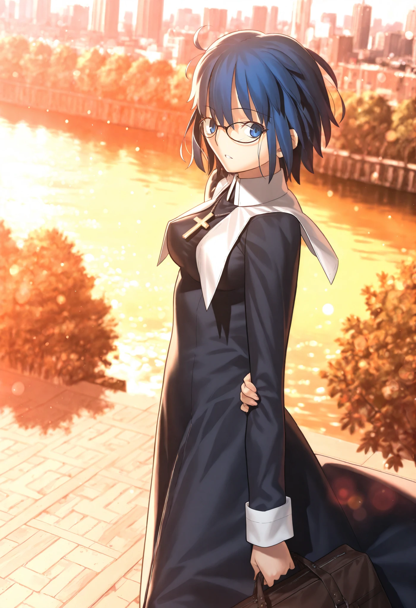 masterpiece, , absurdres, highres, detailed background, high resolution, masterpiece, necessary, detail, best quality, quality, necessary, details, High details, Precise, 8k outdoors, (colorful light particles, powder light,),day lens flare, blurry background,(from above, from side),
1girl, Takeuchi Takashi (type-moon,tsukihime) style, takeuchi takashi style, (aged up),(tokyo view ,city, river), having bag, ,
girl, (slender body, slim arms, slim bod), solo, el3gymaster ,ciel \(tsukihime\) ,blue eyes ,blue hair ,glasses ,short hair,(cross ,latin cross ,cross ,holding ,necklace ,nun), (medium breasts),(looking at viewer), , ,