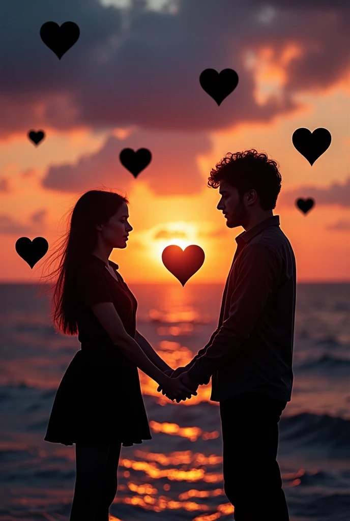 Create a drawing of a woman with long hair facing away from a bald man, United by a realistic heart.