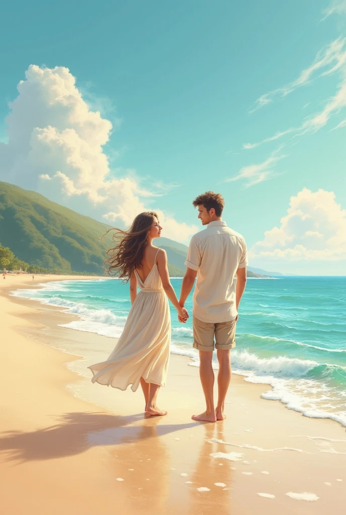Summer season as an album cover, related to love and a couple of boy and girl in love, playing holding hands on the beach