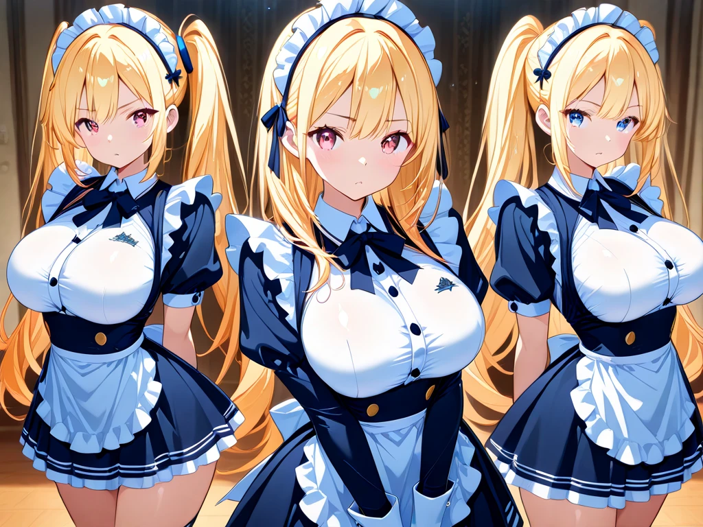 Masterpiece, 4girls, each dressed as a maid. The maids are wearing identical uniforms, beauty and cute, high detailed, dinamic lighting, vivid colours, ultra large saggy breasts, massive cleavage exposed, A giant spacecraft navigating interstellar space, Sophisticated design, huge geometric figures stacked in layers,standing, white skin, blue eyeballs, blonde hair, happys, various hair styles, harem, perfect eye, perfect face, Symmetrical eyes, well-aligned, with a natural and proportionate gaze, Observing their master with a servile gaze.