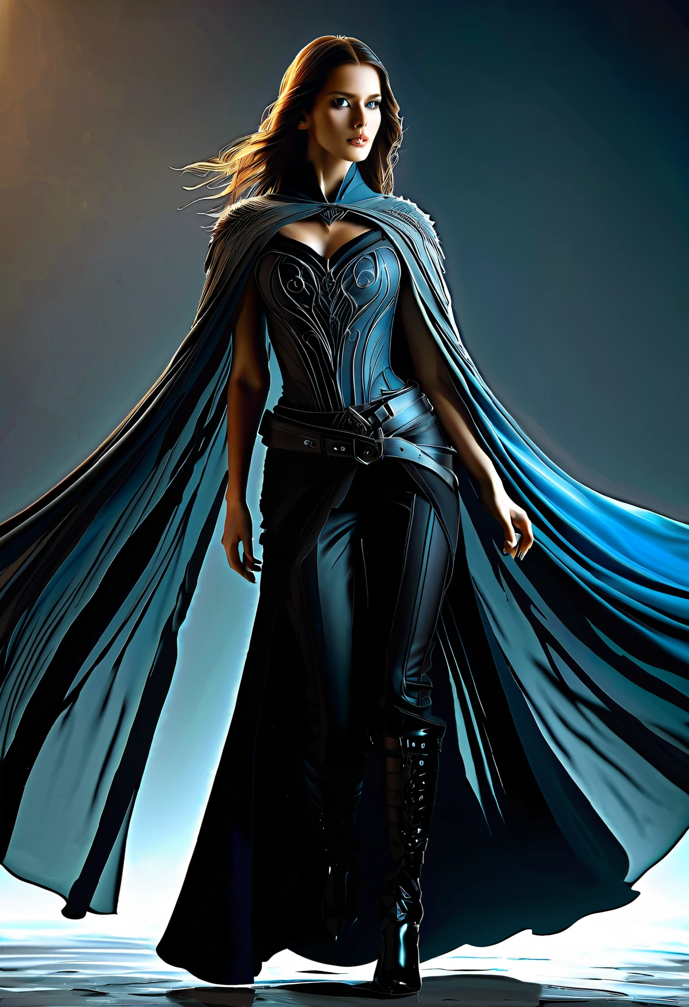 A lone woman stands prominently, her upper body clad in a dark fantasy outfit, featuring a fitted gray top with intricate, swirling designs that evoke an air of mysticism, layered under a flowing blue cape with black accents that cascade down her back like a midnight waterfall. Her black pants are cinched at the waist by a utility belt, adorned with small, gleaming metallic accents, while sleek black shoes seem to blend seamlessly with the shadows. The scene is set against a backdrop of muted, ominous lighting, with soft, ethereal glow accents that dance across her face and attire, capturing the essence of hyper-realistic detail, as if plucked straight from the pages of a dark fantasy novel, in the style of a cinematic, ultra-detailed digital painting.