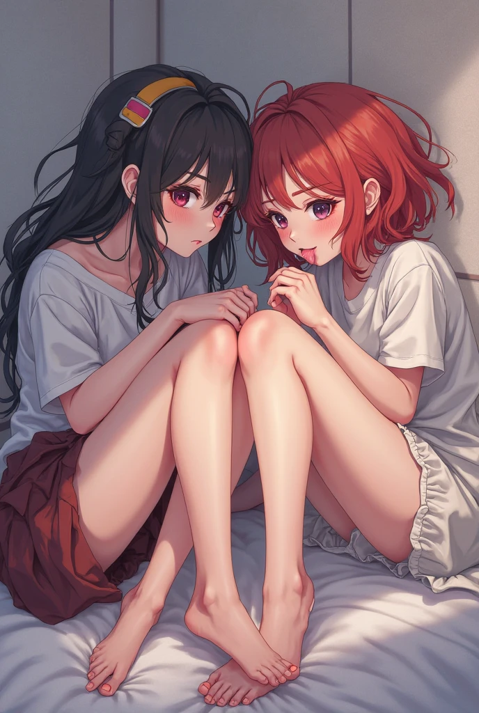 A beautiful girl with long dark red hair, with a lock of hair partially covering your eye, she has beautiful big dark blue eyes, wearing a long white shirt, a blue blouse, a black and white skirt, and a pair of simple white high-top sneakers, and a big blue earphone around her neck, she is really very beautiful