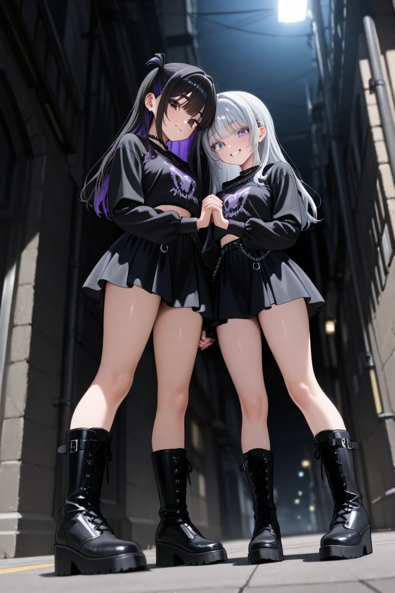 Two girls with long hair,white and black hair,The hair flowed, and one person looked at the other affectionately,starrysky,Campus uniforms,The roof of the teaching building,Turn Back