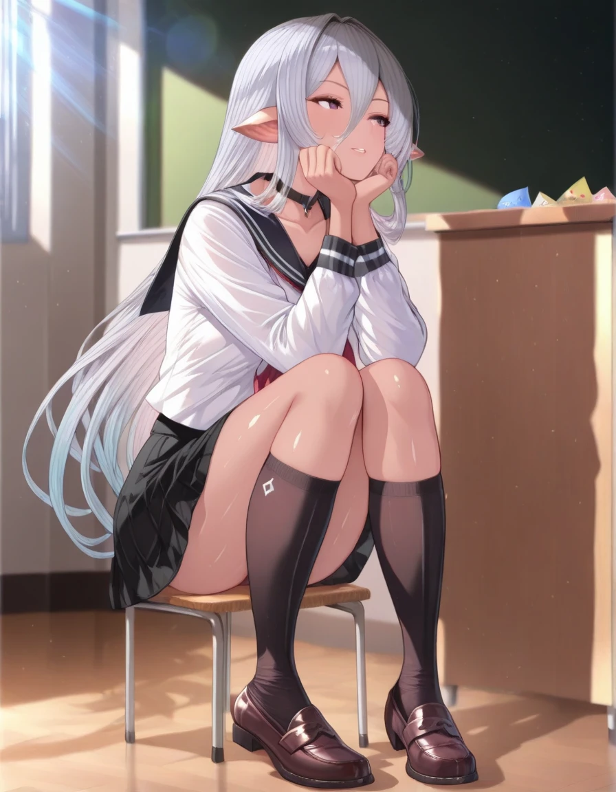 highest quality、masterpiece、((1 girl:1.5))、(())、(blush:1.5)、(smile:1.5)、((fun!!))、cute、dog ears、(silver hair)、、high school girl、((classroom:1.5))、()、、Kamimei、look at me、(No panties:1.3)、((shaved pussy:1.5)), ((red bow tie, , black jacket, open jacket, white cardigan, white shirt, black skirt, plaid skirt、black socks))、 (No panties:1.3)、((shaved pussy:1.5))、(highly detailed closed labia:1.5)、((pee is coming out:1.8))、peeing、light blue eyes、long hair
