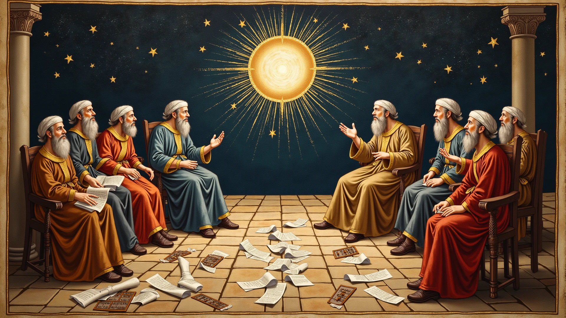 painted painting of a group of people sitting on a platform, arte renacentistae religiosa, renaissance religious painting, biblical art style, biblical painting, religious painting, arte renacentista style, biblical art, arte renacentista, arte renacentistawork, pre arte renacentista, renaissance painting style, neoclassicist painting, Gnosticism, Renaissance style painting, Christian Mysticism, Religious Art