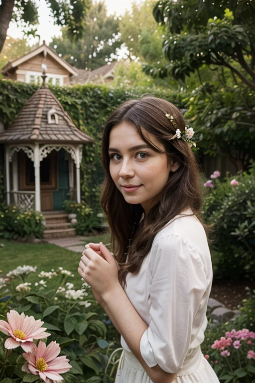 Hidden valley with petal-covered houses, fae folk festivities, channeling whimsical 1girl, vibes.