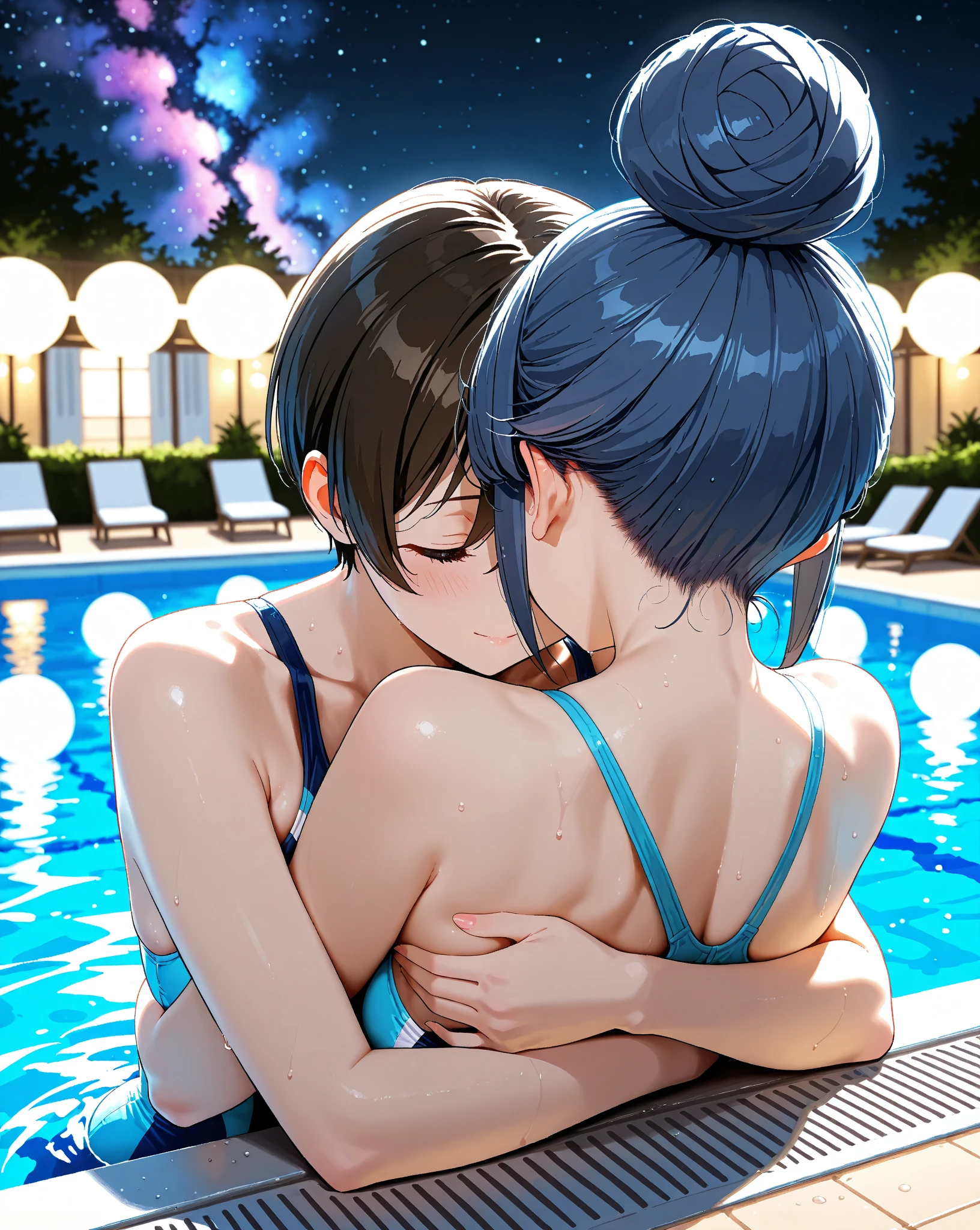 (many perspective scene), three girls, couple kiss, lesbian sex romantic, masturbation, cunnilingus, A multicolored-hair, sexy body, a closeup, (fully naked, detailed pussy), top-quality, blushed face, Turn around, 8K, nighttime, moonlights, superclear, Full of charm, masterpiece, high detailing, (high detailed background: pool, patio, garden)), Detailed drawing