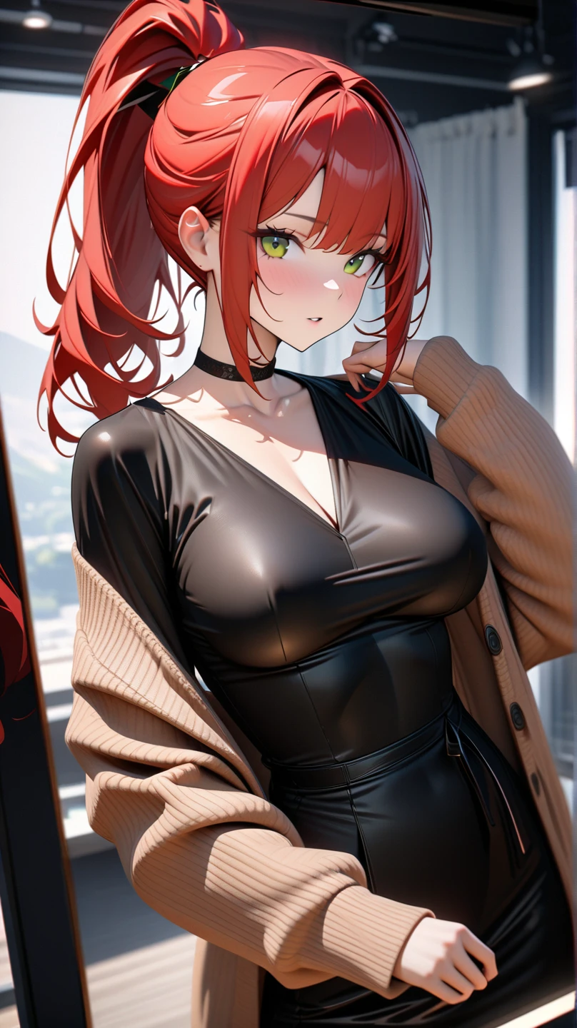 (high quality, 8k, 4K, high contrast, artwork:1.2, high quality, best aesthetics), ((1 woman)), erotic, sensual, mature body, grown woman, super detailed, beautiful face detailed, beautiful eyes detailed, detailed beautiful mouth, ((long wavy red hair), (green eyes), (freckles), (red eyeshadow), (black eyeliner), (red lipstick), (blushing), (calm expression), (pair of white bunny ears), (plain white shirt), (black denim shorts), (black Adidas jacket with the zipper completely open), (simple background), (inside a bedroom), (woman standing straight and centered), (woman looking at camera), (hands behind back), (front view of woman)