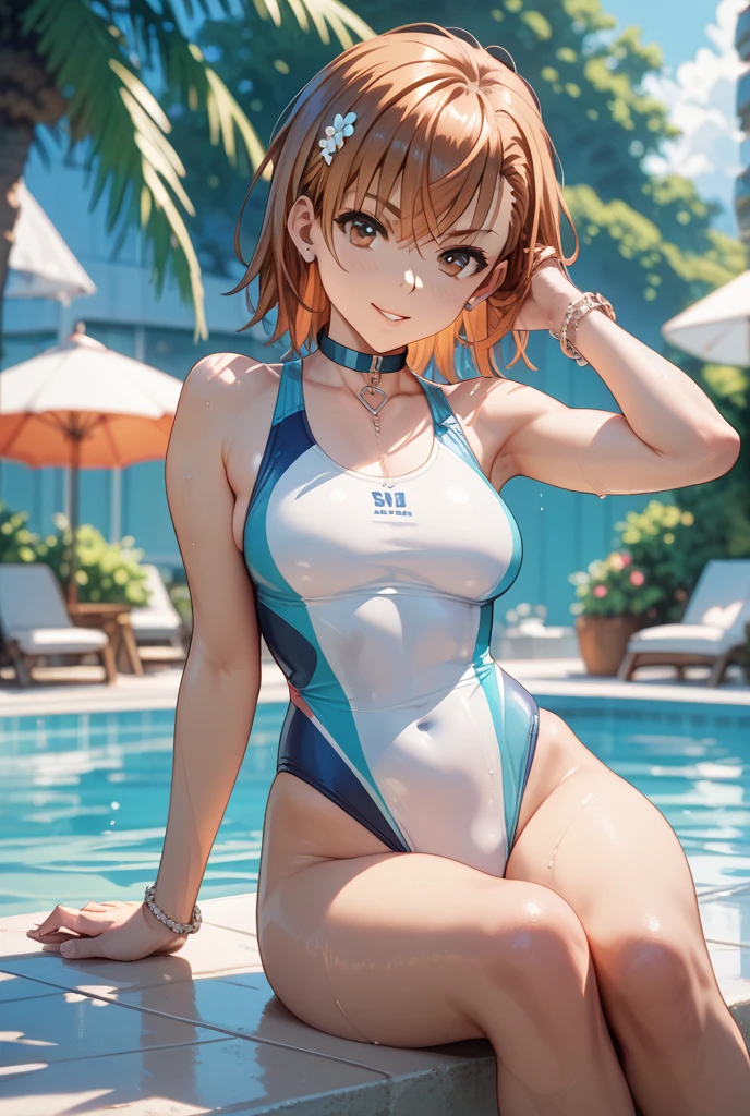 top-quality、Full limbs、complete fingers、Slender beauty、straight haired、very short hair of golden color、White knee-high、white school swim suit、Small eyes、Wet texture、