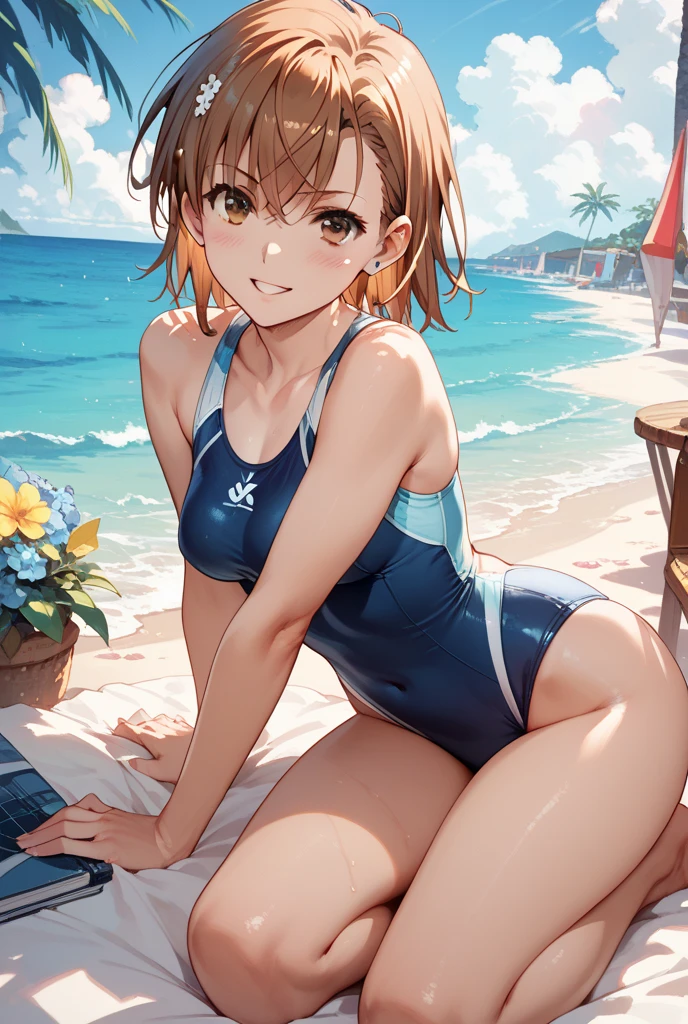 Watanabe You、Lying on a deck chair by the pool、Relaxing in a competitive swimsuit。The fresh breeze from the pool blows around her.、The sun's rays gently illuminate her skin。Her expression was calm and happy.、Lying down comfortably。