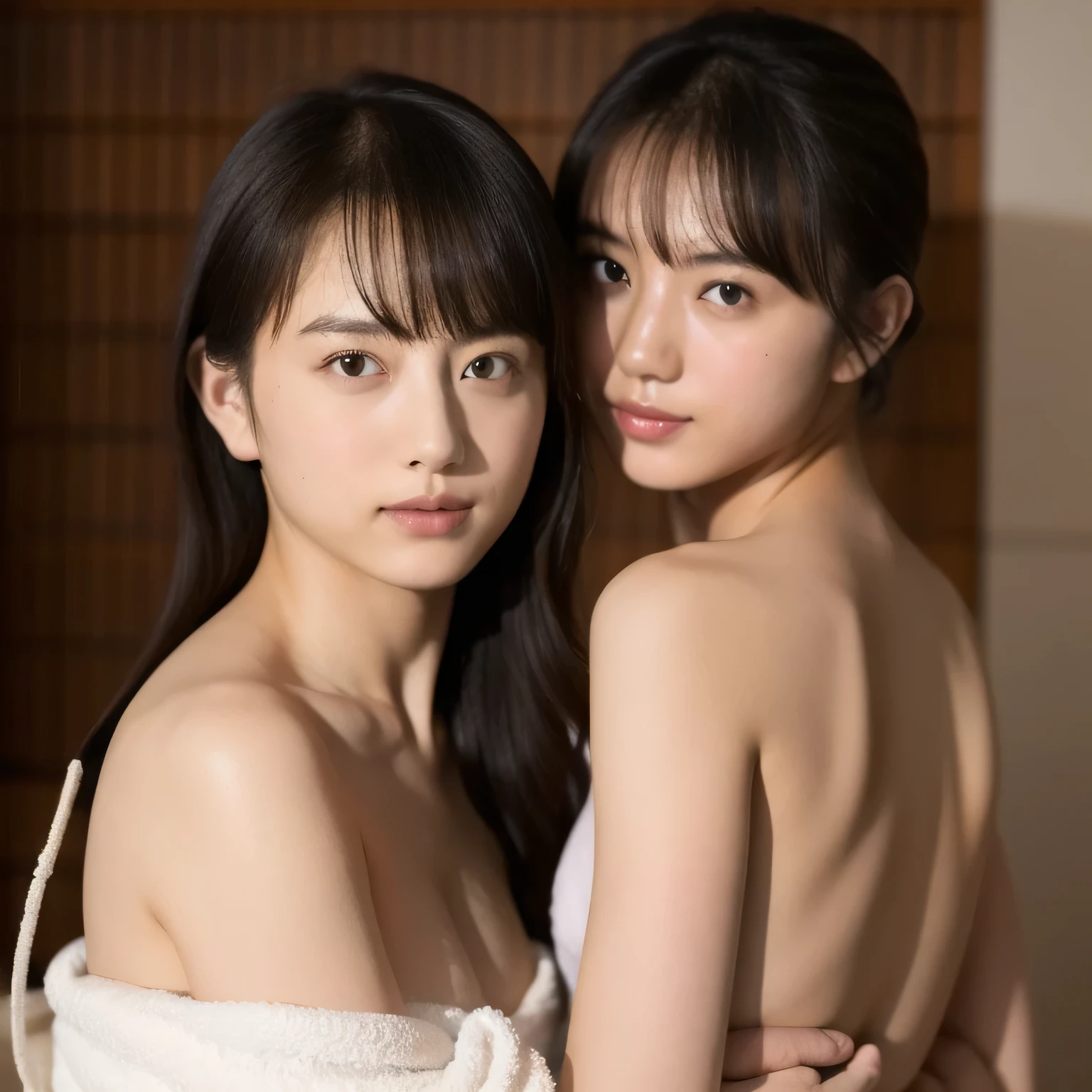 Three beautiful and cute Japanese schoolgirls caress one middle-aged man while naked