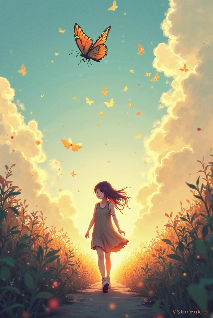 The sky is blue。A small girl with long hair is smiling with her eyes closed and her hand pressed against her ear, listening carefully.。Flowers and leaves are fluttering around。A soft image drawn with pastels
