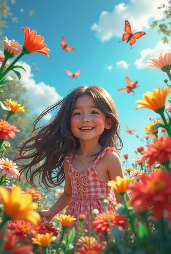 Draw a smiling child, with large, bright eyes, rosy cheeks, and messy hair. She's wearing a colorful T-shirt with animal prints, short shorts and striped socks. On the feet, the child is wearing colorful sneakers and tied in a fun way. Plus, she's got a funny cap on her head and holds a heart-shaped balloon in her hands. The child is jumping for joy, with his arms up, and around him there are small birds and butterflies flying. The backdrop in the background is a green lawn with colorful flowers. --auto