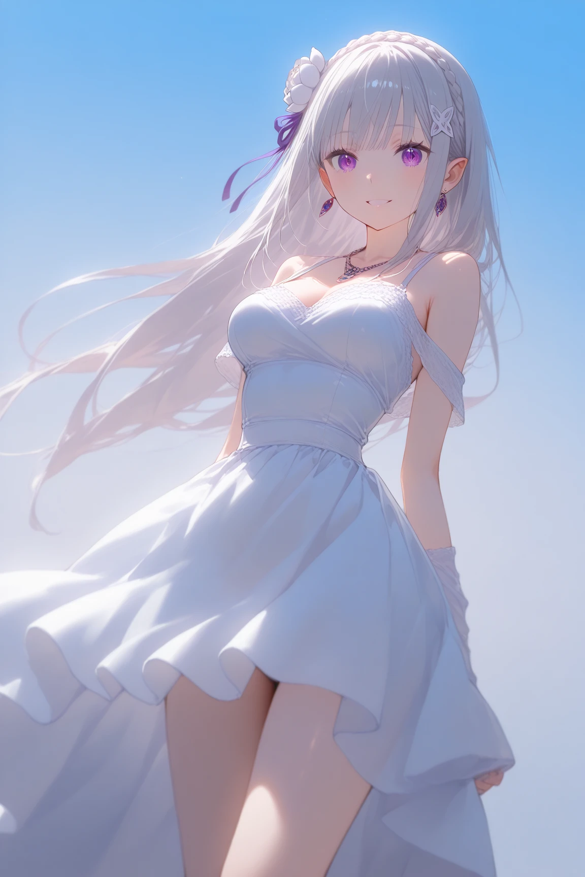 a women, white hair, purple eyes, white dress