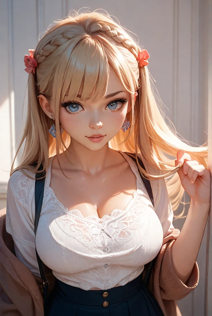 ((1 girl)) solo, (((long windblown blonde hair))), brown eyes, cropped top with puffed sleeves, and kawaii denim skirt, spaghetti straps, short, lace, look at the viewer, luxurious, elegant, extremely detailed, pink lips, shy, feminine charm, blurry, beautiful sky, park, autumn trees, city, butterfly, beautiful flowers, depth of field