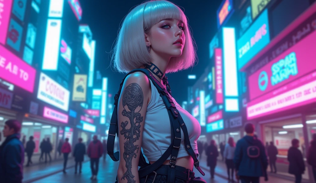 Close-up, a beautiful fashionable Russian fashionable blonde hair, tattered outfit, short side cut hair, punk outfit, lipstick, action movie scene, dystopian movie blade runner scene, night, bustling with neon signs, blade runner aesthetic, crowded people, movie cinematography, trash gang, attractive person, high emphasis on detail, wearing weather technology equipment, trash gang, tattoos, nightlife, full of life, trash gang, action movie shot by Kon Satoshi, Semi Impasto style, matte painting, atmospheric, bright, dramatic lighting, beautiful eyes, symmetrical eyes, perfect eyes