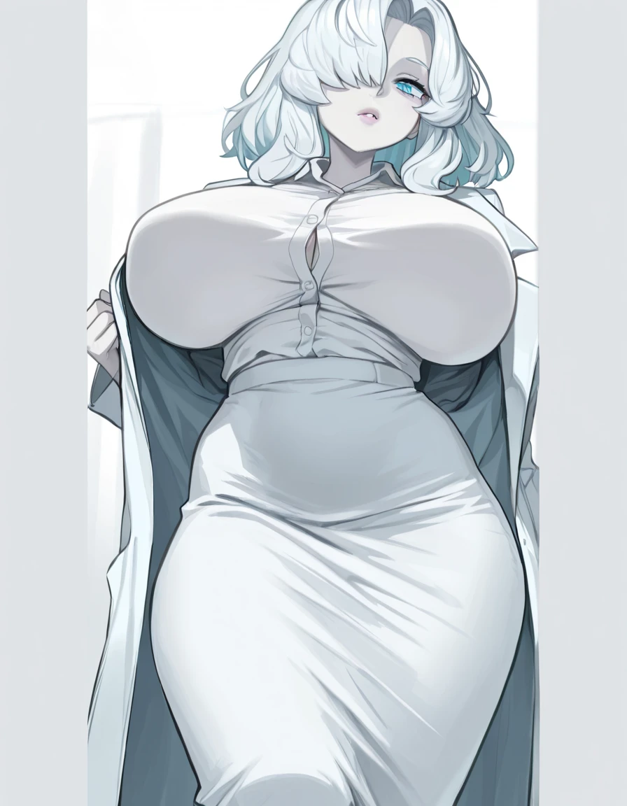 Phantom(Arknights),grey hair,animal ears,curvy body, wearing appropriate clothes(Muslim), big cleavage,big thighs, blushing, bedroom, night setting.