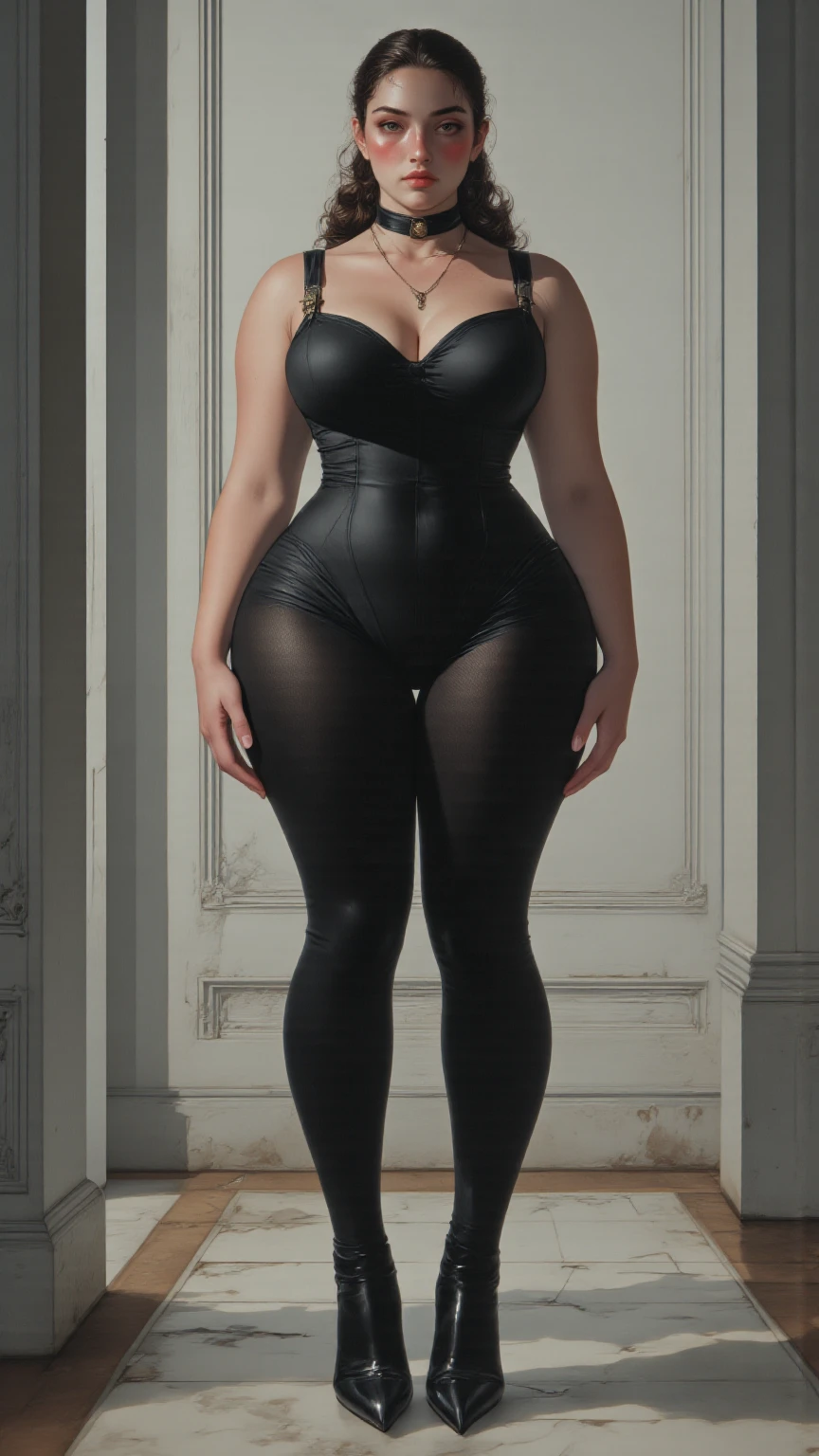 (best quality,4k,8k,highres,masterpiece:1.2,full body photo,a woman with a big breast, simple background,small wait,wide hips,thick legs,muscular),ultra-detailed,(realistic,photorealistic,photo-realistic:1.37,cleavage,hands on own chest,huge breasts),(black hair, straight hair, short hair,ponytail,plumpy lips,redlipstic),oily skin, huge breasts, (black bodysuit)