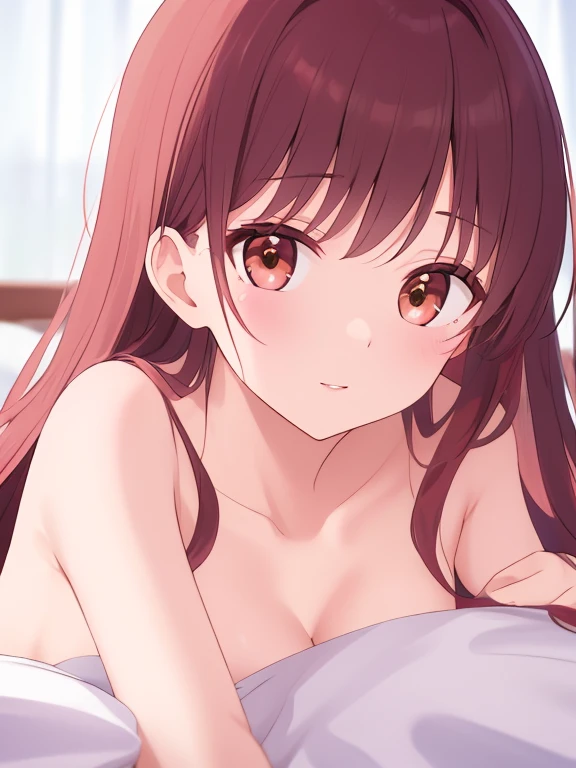 best quality, insanely detailed, miku nakano, bedroom background, breasts, blush, back style, pussy, focus pussy, nipple, look into the distance, nsfw