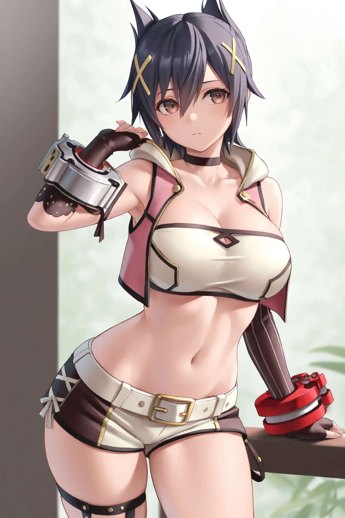 photorealistic, (4k), (Masterpiece), (realistic skin texture), extremely detailed, intricate, hyper detailed, high resolution, sharp detail, best quality, girl, red breastplate, leather gloves, belt, shorts, short brown hair, brown eyes, <lora:Miria-000004:0.7> , excited, fantasy, fighting stance,