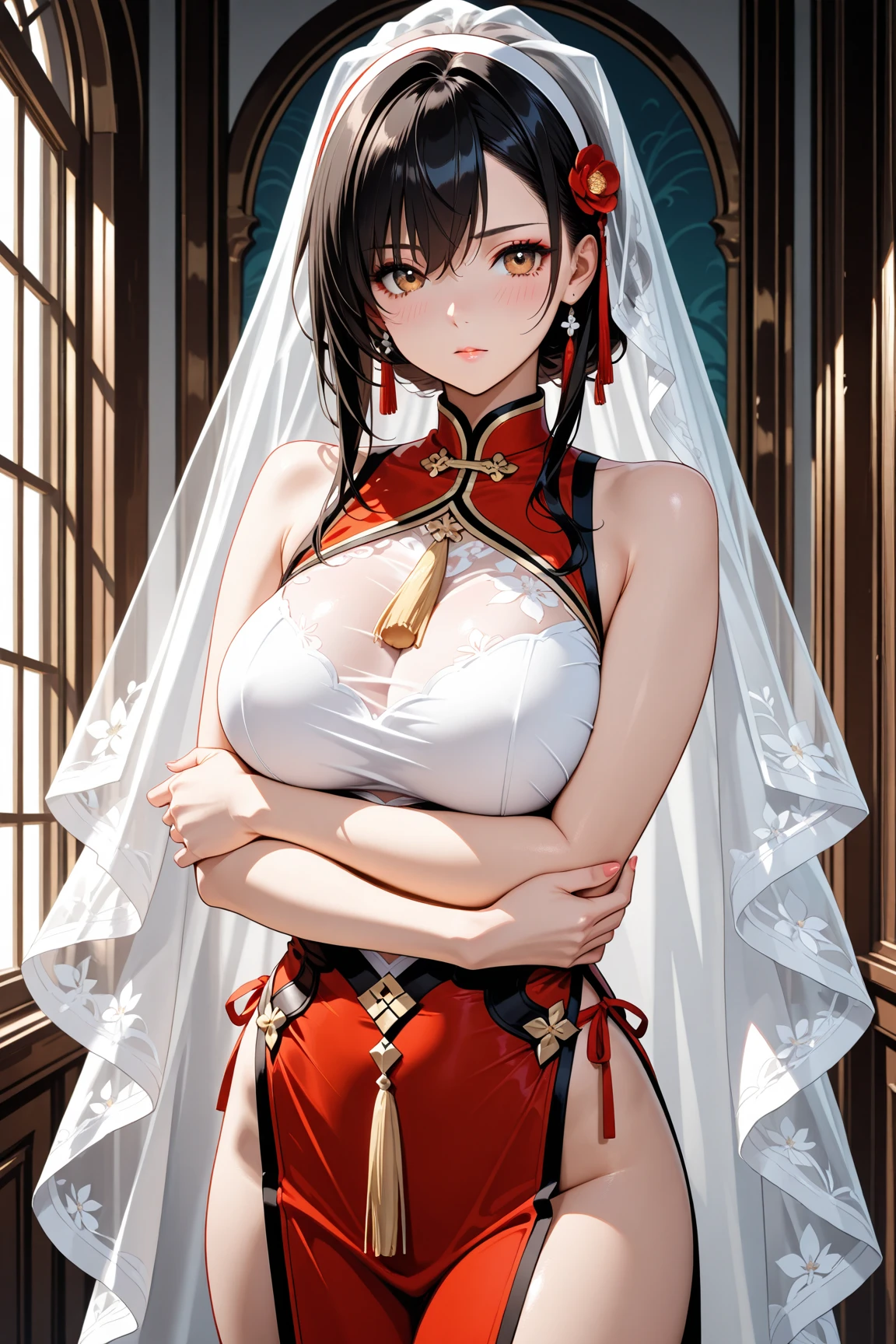 Asian woman in naked arafe posing for photo, smooth translucent white skin, Translucent body, amouranth,, cleavage, beautiful upper body, dressed in a beautiful white, Better known as Amouranth, busty, SFW, Big breasts!, gorgeous chinese model, Sexy Girl, --auto