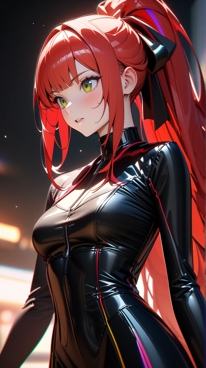 Dark Cyberpunk City、Black long cloak、Wearing a red and silver metallic bodysuit、15years old pretty girl, Very long hair, Red hair, masutepiece, Hyper realistic, 8K, Bokeh, Fire Luminescent, Each part of the body glows red、