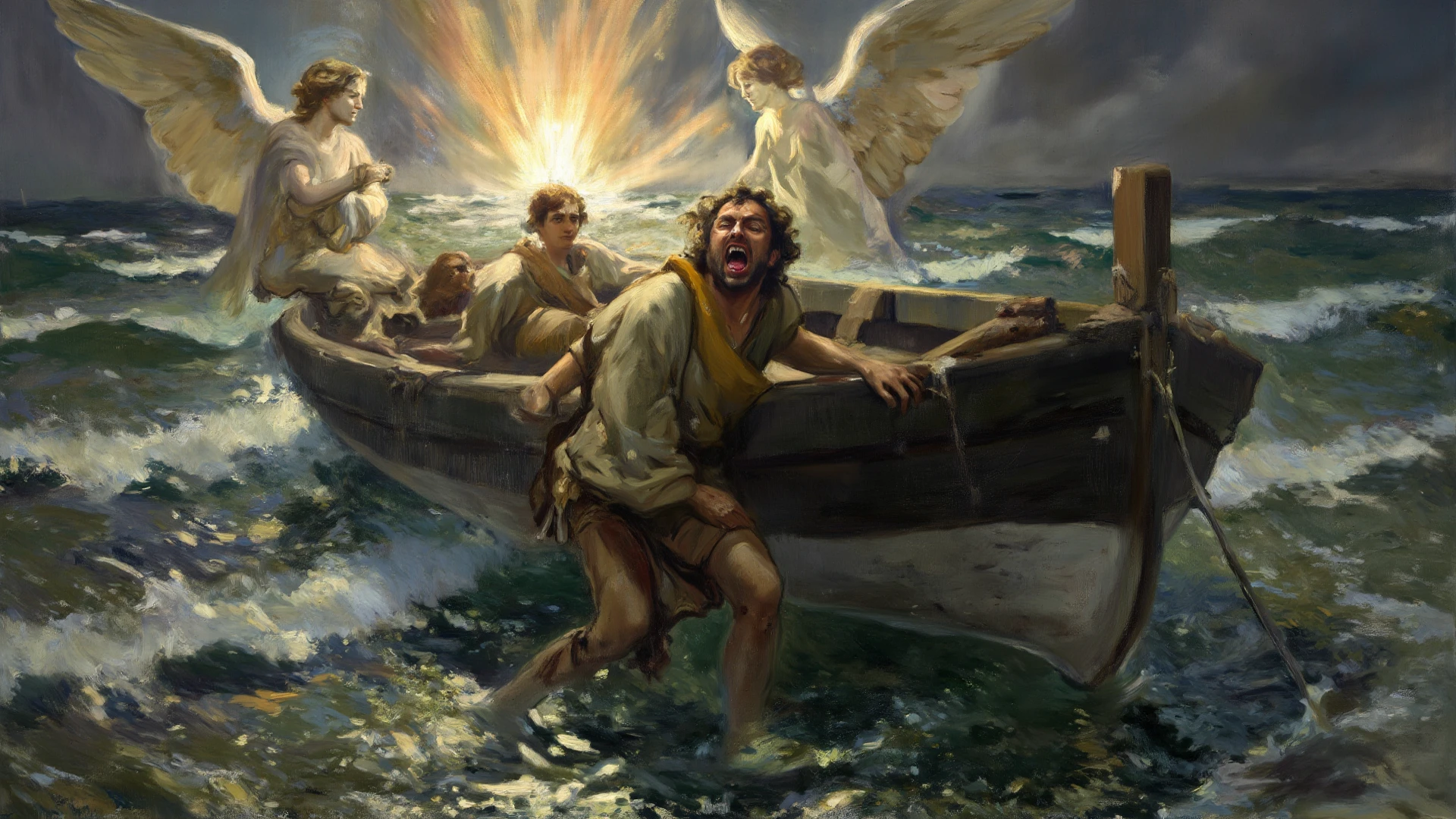 Pintura no estilo de Michelangelo Buonarotti, represents the biblical passage Exodus 14:10-31, showing the parting of the waters of the Red Sea by Moses, The flight of the Israelites from the Egyptian army, obra de arte, original, detalhada, complexa, inspiradora, (obra-prima, de alta qualidade), hiper-realismo, estilo Caravaggio, Masterpiece of Renaissance oil painting 8k, The Birth of Venus (1879) de William-Adolphe Bouguereau, Baroque aesthetics, Venus of Botticelli, Demons and angels, estilo de arte renascentista. (estilo: The_Rap_of_the_Daughters_of_Leucippus_de_Peter_Paul_Rubens.), (estilo: Godfrey_Kneller_em_1689.), alta resolução, pintor, estilo barroco, chiaroscuro, dynamic compositing, lighting dramatic, cores ricas, textura detalhada, divine expression, cena religiosa, cena flutuante, --auto --s2