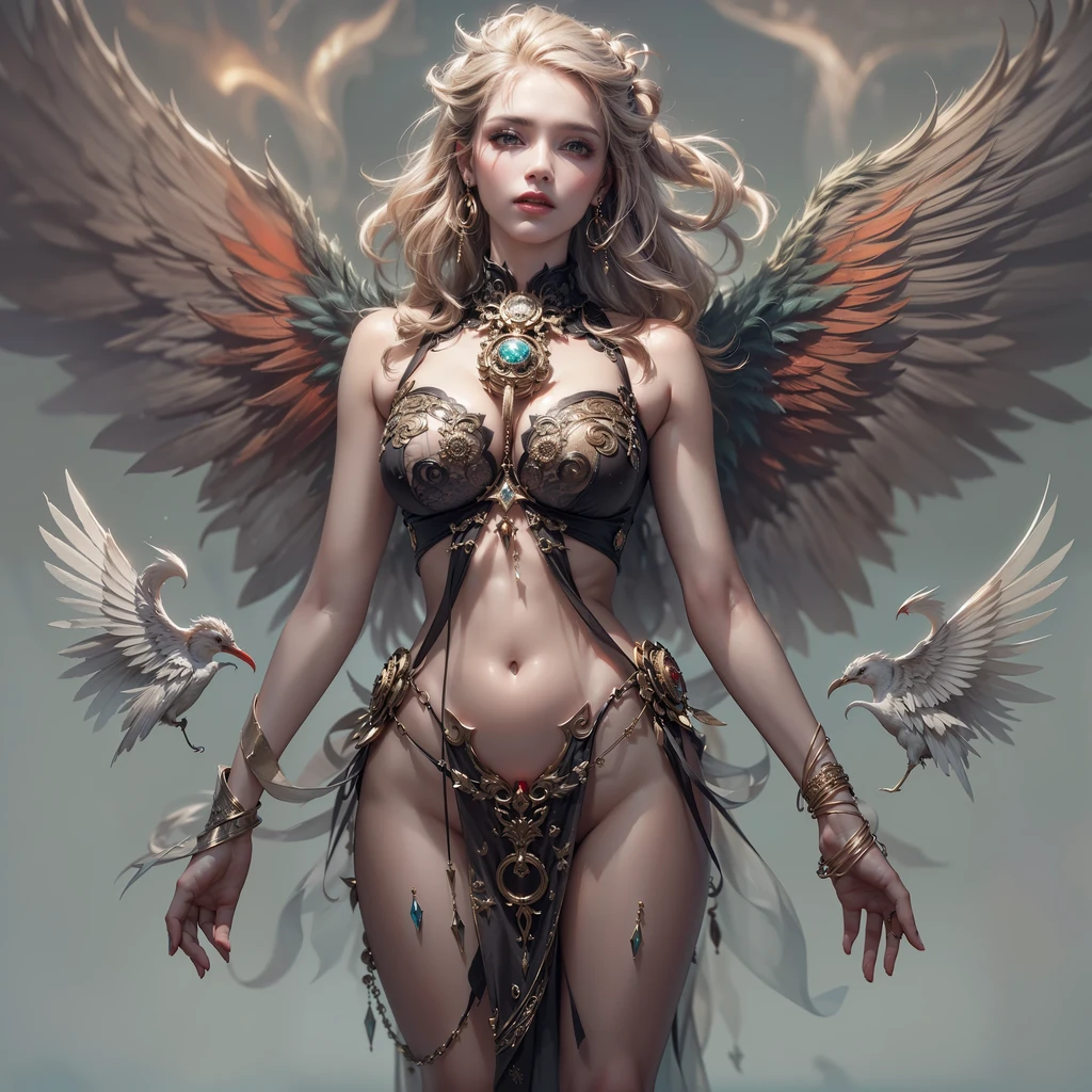 (masterpiece, highest quality, fractal art:1.5, beautiful and aesthetic:1.4), chaotic medieval world:1.4, Swirling flames:1.3, meteorite:1.3, fire and flame:1.3, perfect dynamic composition:1.4, (Detailed tattoos on the whole body:1.4, Wear elaborate body jewelry all over your body:1.4), Highly detailed skin and facial textures:1.3, (Cute and sexy fallen angel with big golden wings:1.3), prisoner of war, slave, tiara, Fair skin, (Correctly wear heavily torn white clothes off-shoulder:1.4), Huge breasts that are about to burst, Do not show areola, big chest gap, (The expression on your face when you feel intense caress, Facial expression when feeling pleasure), Eyes that feel beautiful eros, sexy face, (Too erotic and cute:0.9, Bewitching:0.9), (torture:1.4, Lots of chains:1.4, countless chains tangled in clothes:1.4, chain the right arm:1.4, chain the left arm:1.4, Bind the right leg with shackles and chains:1.4, Bind the left leg with shackles and chains:1.4), super long blonde curly hair
