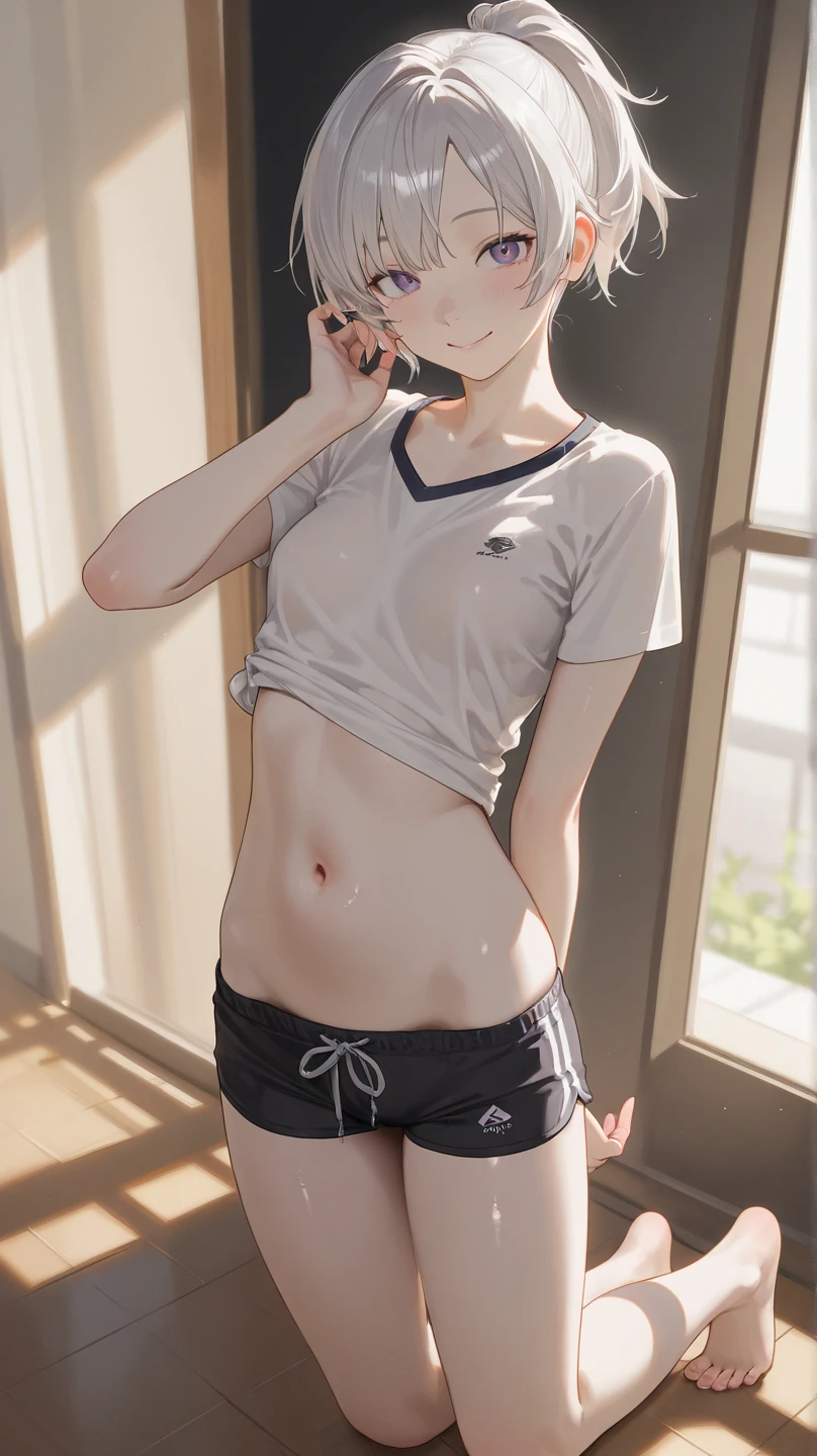((masterpiece,Highest quality:1.3,best quality illustration)),((realistic:1.2)),cowboy shot,独奏,1woman,18 year old beauty、black hair,short bob hair,(center parted bangs),black eyes,(gorgeous big eyes),((very small head:1.4)),Heavy breathing,drooling,((slender body:1.2,skinny)),(tan skin:1.4),small breasts,(White tank top、school gym red buruma),Wet crotch,gleaming skin,oily skin,slender body,sweat,standing,locker room、Tokyo、