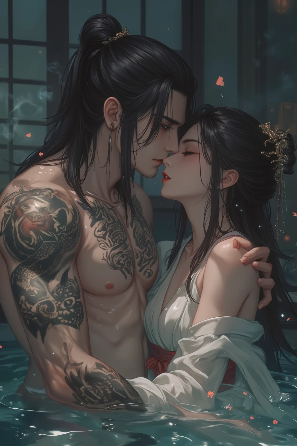 two oriental men, boyfriends, kiss, oriental lantern, body defined, beautiful, oriental, realistic, cinematic, high quality, 16k, best quality, high details, super detail, beard, tattoos, male kimono --auto --s2