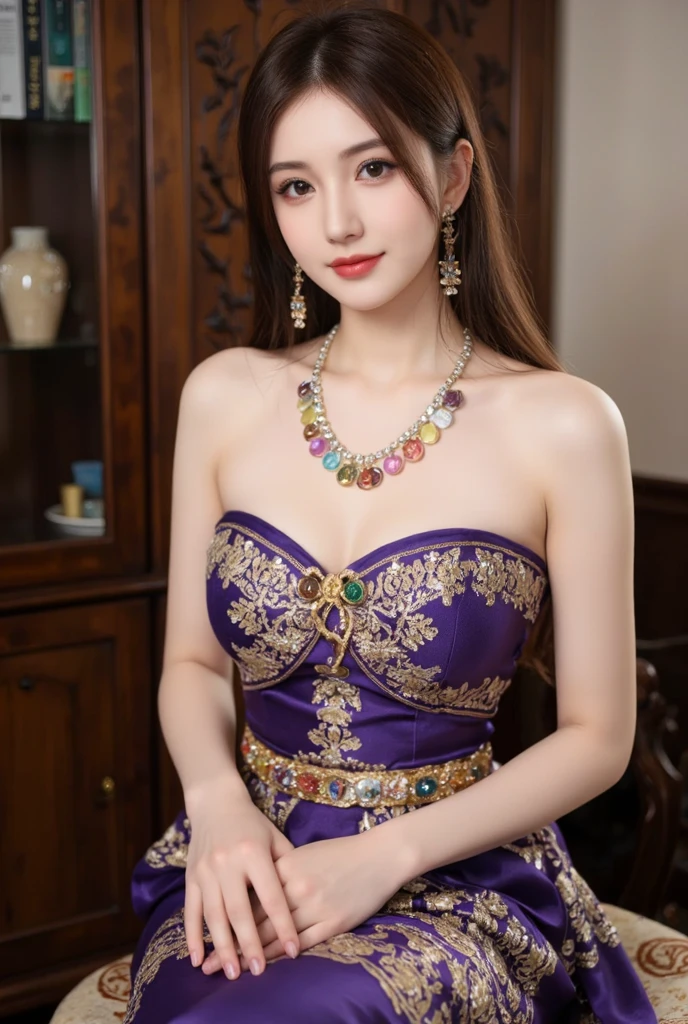 One girl, length_hair, bright_hair_color, Fascinating_eye, mysterious_Performance, mature_exterior, glamorous_Costume, Flowing_dress, elegant_jewelry, complicated_Decoration, magic_symbol, Shine_accessories, Portion, Scroll, cute_accent, bow, ribbon, Flowers,