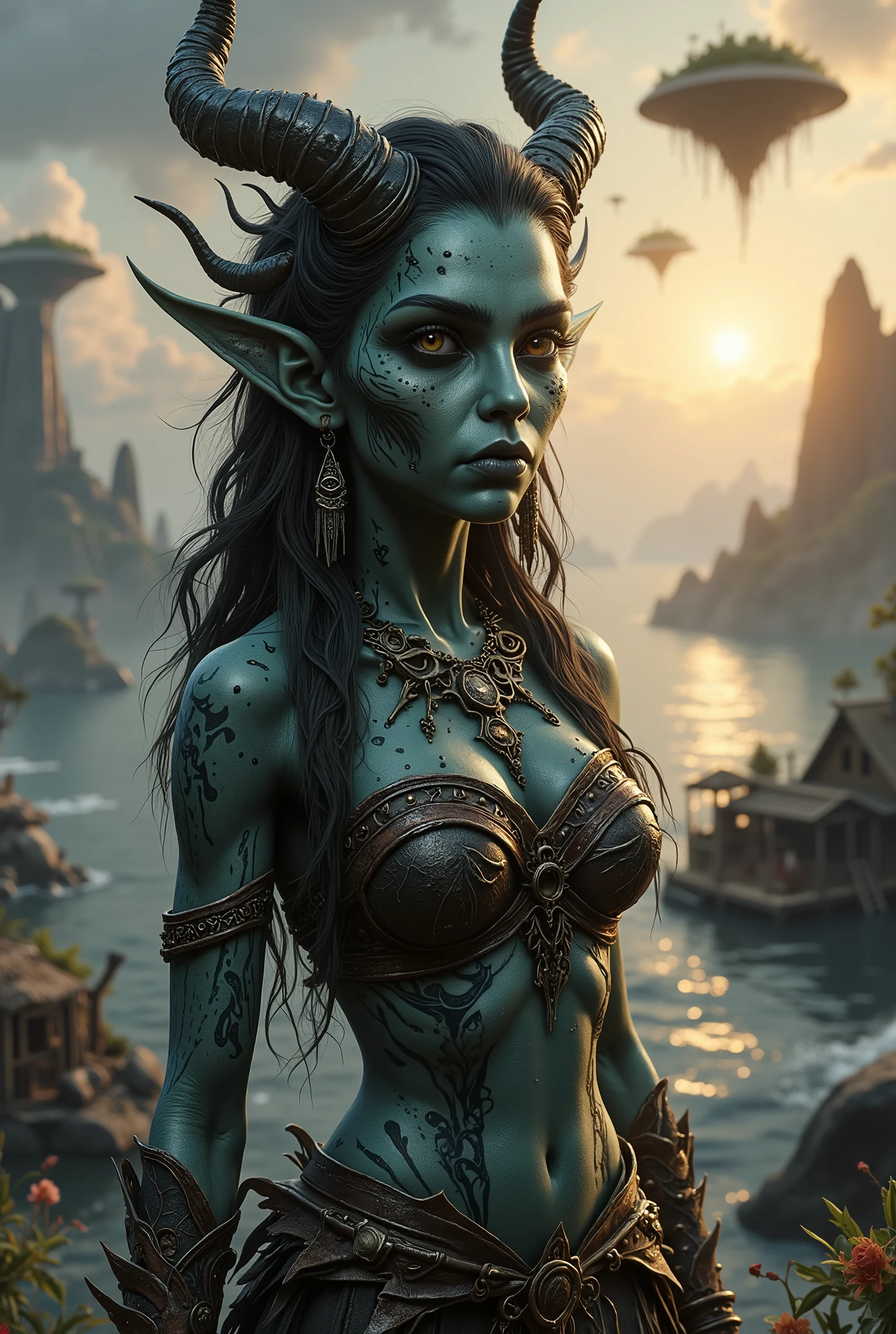 view from height,full-body-shot,obsidian The Alien Entity, half-Moana, sassiness temper,natural leather textures, hyper realisitc, hyper detailed,Extremely detailed,High contrast, ,Realistic,Ultra Detailed,intricate details,realistic humid skin,extremely intricate,Epic Realistic, Romantic, cinematic style,irina yermolova, orc's village of fishers,full body length,ominous landscape,floating islands on background in dangerous atmosphere,sunset, a Tim Burton-inspired dreamscape,Bun Hair,(Folk clothes:1.5),full body length,niobium goblin,native africa ,once pretty face,eyebrow up,full body shot,ominous landscape,niobium gray atmosphere,photo,photorealism,Masterpiece,hyper natural skin textures, hyper realism,hyper detailed,High contrast,Realism,Ultra Detailed,irina yermolova,close full body shot,32K resolution,Nikon Z9, ,demonic fog, smoke, audience, mist, featuring ultra-realistic and hyper-realistic elements, Marta Bevacqua, Ellen Jewett, Kawacy, Katsuya Terada, Carne Griffiths,concert lighting, bokeh, luminal space that feels both bright and surreal. Includes liquid fluid elements for added depth and movement. Rendered in an unreal engine and post-processed to achieve . Evokes a sense of dreamy, ethereal and mystical mood,horror pixar movie still,thriller disney movie ,pixar render, animated ,suicide,psychiatric clinic, insane fantasy,storm,cloud storm