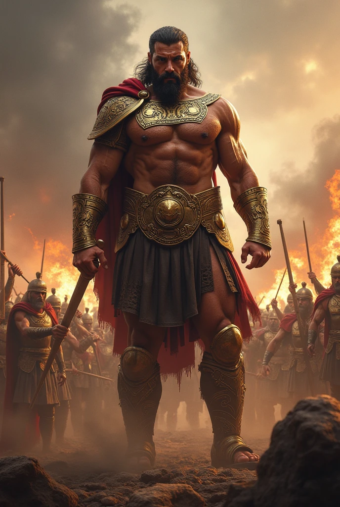 A huge, fearsome and legendary strong brave Spartan warrior, dynamic pose complete from head to toe, stomps the battlefield. intimidate war painted face. He barely wears armor, revealing scars from past battles. His enormous sword forged by the gods reflects the sun in the heat of the epic battle, he advances firmly while his enemies tremble, they seem like dolls, they cannot stop him, he is unbeatable and evil, he knows it and he will make them notice it. best quality 8k