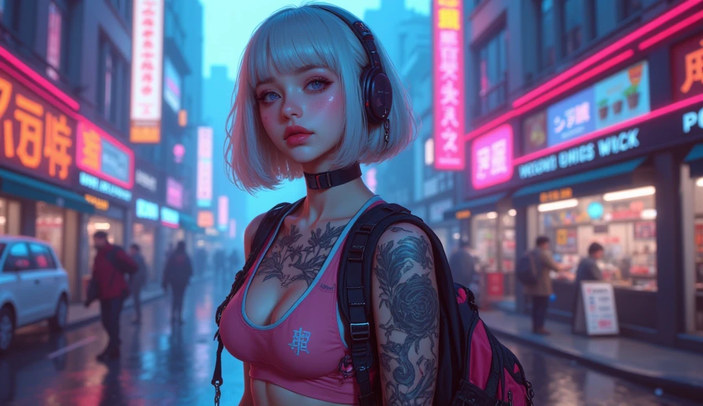 ((Cyberpunk art technique by Josan Gonzalez)), (Art inspired by the technique of Charles Lavesso) ,((Best masterpiece in the world)), art rich in colors, ((Realism)), (Brazilian woman), (extremely beautiful girl: 1.2), mature, sexy woman, (full body), (semi-naked girl), sexy pose, (Crisp face), (one eye is bionic), (ponytail hair with variations), shaved and braided hair on the side, hair, blond, black, red, random hair lock color, perfect body, strawberry mouth with shine, mouth little open, eyes symmetrical, seductive look, beautiful eyes ultra detailed and with brightness), makeup, perfect hands with 4 fingers and a thumb, full buttocks and rounded medium and laterally, tendency ass of the Brazilian, small and round breasts, and protruding areolas), (pubic hair barely visible), piercing in the navel, tattoos on the body, tattoo style Irezumi, thin waist, tanned skin, bikini marks on tanned skin, metehumam skin, hyper detailed skin with visible pores, small discolored body hairs, bionic, legging, (transparent crystal plastic top: 1.2), (transparent plastic bag), (transparent crystal plastic fabric), wet with sweat, (see through fabric), Cyber Punk style jacket, high heel shoes, ((Metropolises night city of Cyber Punk night background extremely detailed: 1.4)), cyber punk walking npcs, parked sport bikes, (billboards: 1.2), glass cover, disco, alley, beach, landscape, neon, wet floor, glow efect, (8k resolution: 1.2), (Canon EOS R6), Artstation trend, Lumen[, sharp, Unreal 5, photorealistic art, Ray Tracing, (High Dynamic Range 10 plus), surrealism, shadow, stereogram, Lens Flare light, (hyper realistic light and shadow: 1.2) ;