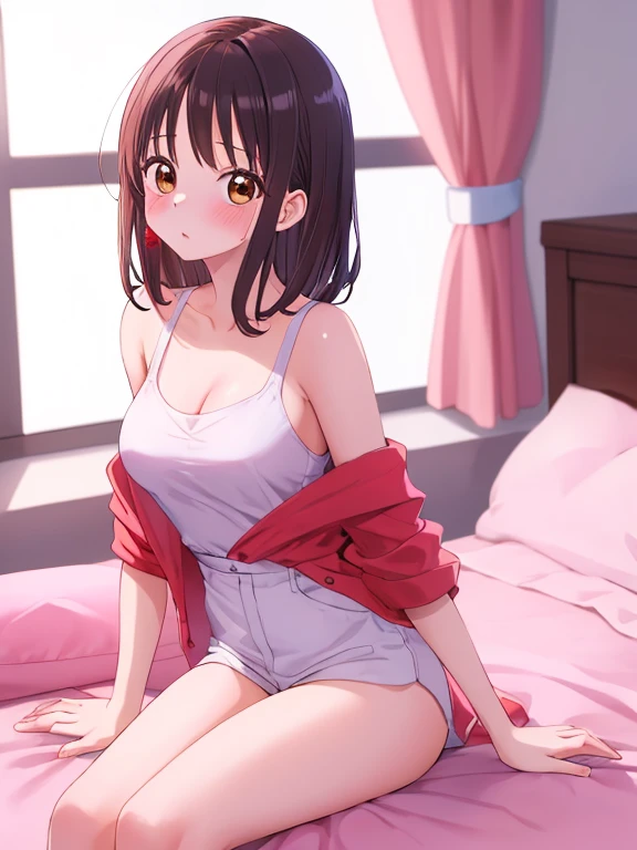 highest quality, masterpiece, alone, 1 female、Age 25、(Soft Bust:1.2)、Larger breasts、(Cleavage)、(Slender figure)、Lace Underwear、White shirt、(In the middle of changing:1.2)、From the side、Poses that emphasize the chest、(Sitting on white sheets on bed)、(White highlight in pupil:1.2)、Dark reddish brown eyes、(Black-haired:1.2)、(View your viewers:1.2)、White skin、(blush)、(Embarrassed expression)、Wooden bedroom、Wooden bed、(I blur the background a lot to make the woman stand out.:1.3)、(The sunlight shines in)、(Beautiful flowers in the background)