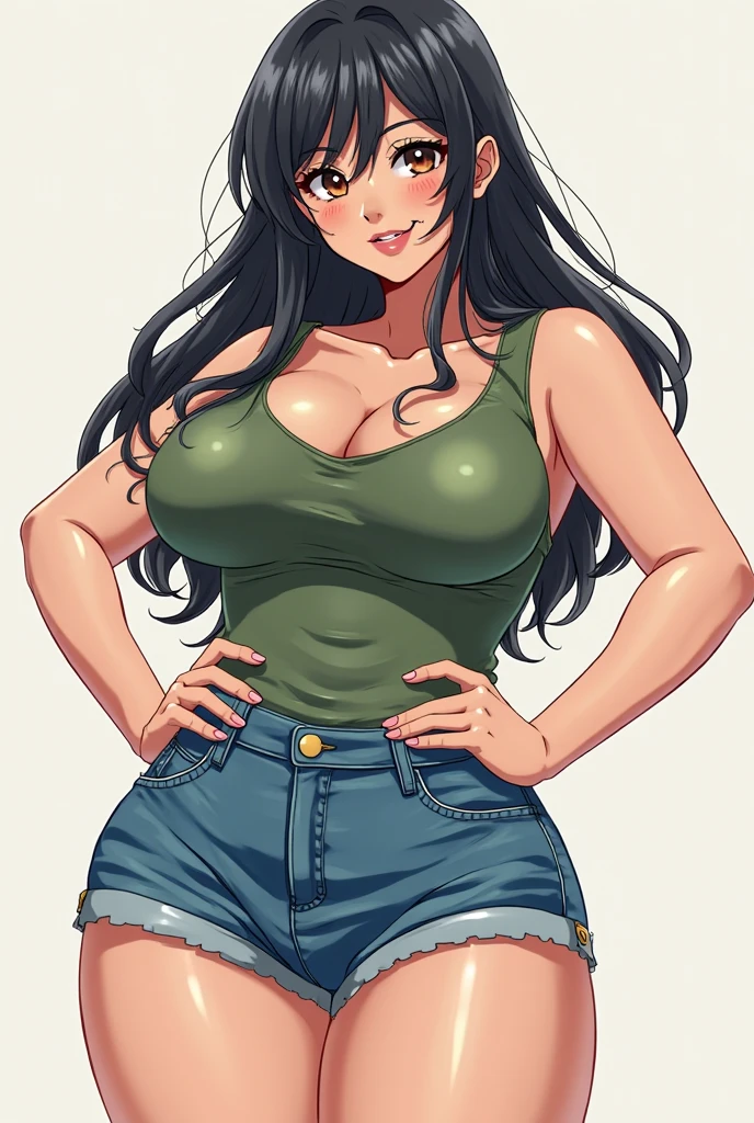 Amazing portrait of a sexy woman playing with her long wavy luscious hair seductively gazing with her eyes emphasized by some smokey eyeliner as she seductively smiles at us wearing a green padded bra layered with a sheer shrug and denim shorts giving off a "girl-next-door" vibe