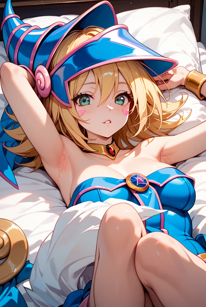 (One girl),Highest quality、Representative works, Best Quality,Highest quality、dark magician girl、Blonde Hair、1 girl,topless、NSFW、naked,No clothes、naked足、Full nudity、Sole、bedroom,Spread your legs、Show your toes