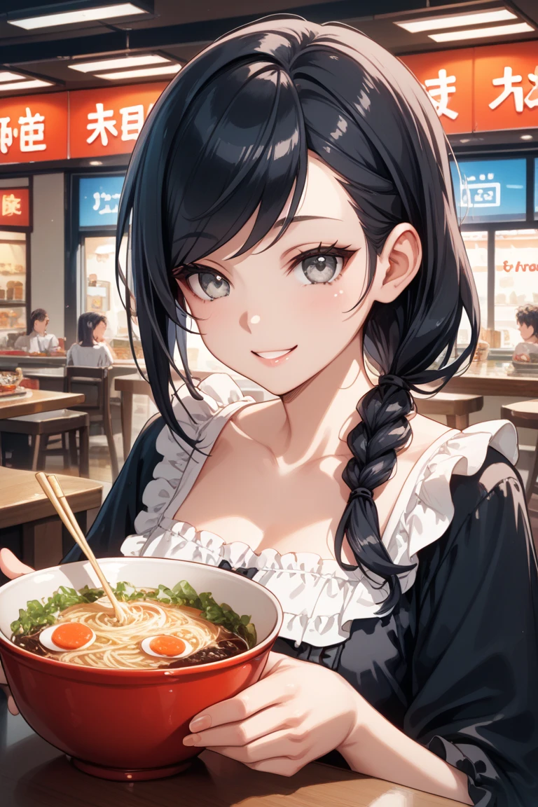（tmasterpiece），Best Picture Quality，超高分辨率，closeup cleavage，slimfigure，1girll，校服，Long hair，With a smile，Ramen，the night，Tokyo restaurant background，colourful light，photon maping，Ray traching，physically-based renderingt，movie level lighting，High complexity，Realistic details，sharp-focus，Dramatic， Image makeup effects. --auto