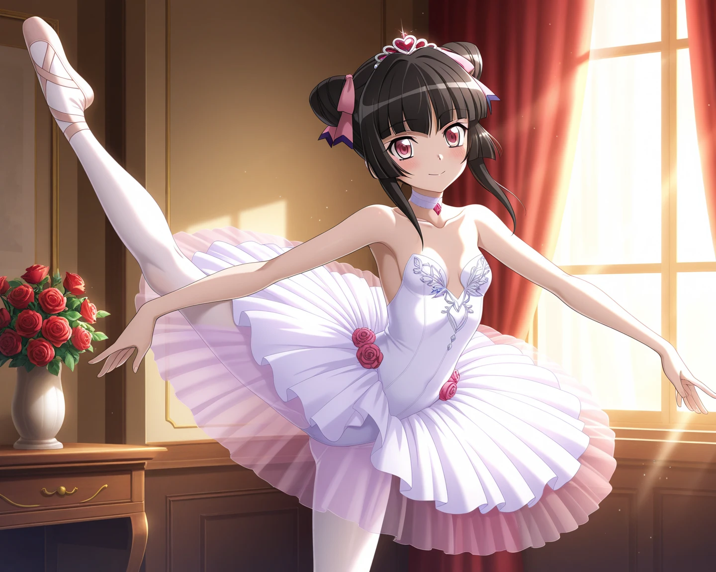 estilo kimetsu no yaiba, 1 garota, só, olhos pretos, Cabelo preto, cabelo extra muito longo,Create an illustration in the style of Demon Slayer featuring a girl who combines traditional Hashira attire with ballet elements. She should wear a lightweight, transparent ballet training skirt over the Hashira uniform, with leg warmers and traditional Japanese clogs tied with ballet shoe ribbons. Use soft tones of blue and pink, including delicate silk ribbons and floral embroidery. The girl should have a graceful and elegant posture, blending the strength of a Hashira with the lightness of a ballerina.