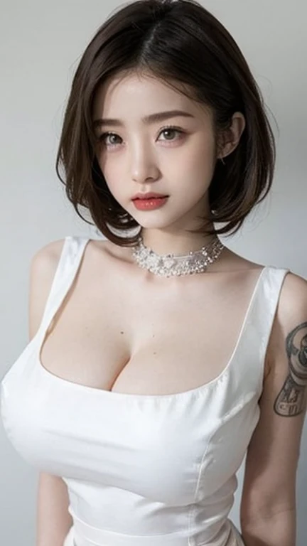 Best quality, masterpiece, ultra high res, (photorealistic:1.5), raw photo, 1girl, in the dark, deep shadow, low key, cold light, sexy look, short hair, sleek ponytail hair, high tight ponytail, gigantic breast, gigantic , (huge:1.47), obvious cleavage, open chest, Black silk (((Deep V-neckline)))slip dress, looking at the viewer, short hair, low light, seductive look, necklace, thick lips, wet, tattooed body,